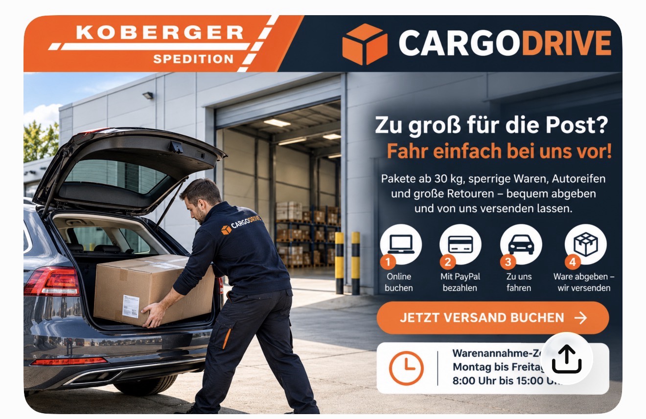 Ein Mitarbeiter nimmt ein großes Paket am geöffneten Kofferraum entgegen. Im Hintergrund liegt die Warenannahme von Koberger Spedition.